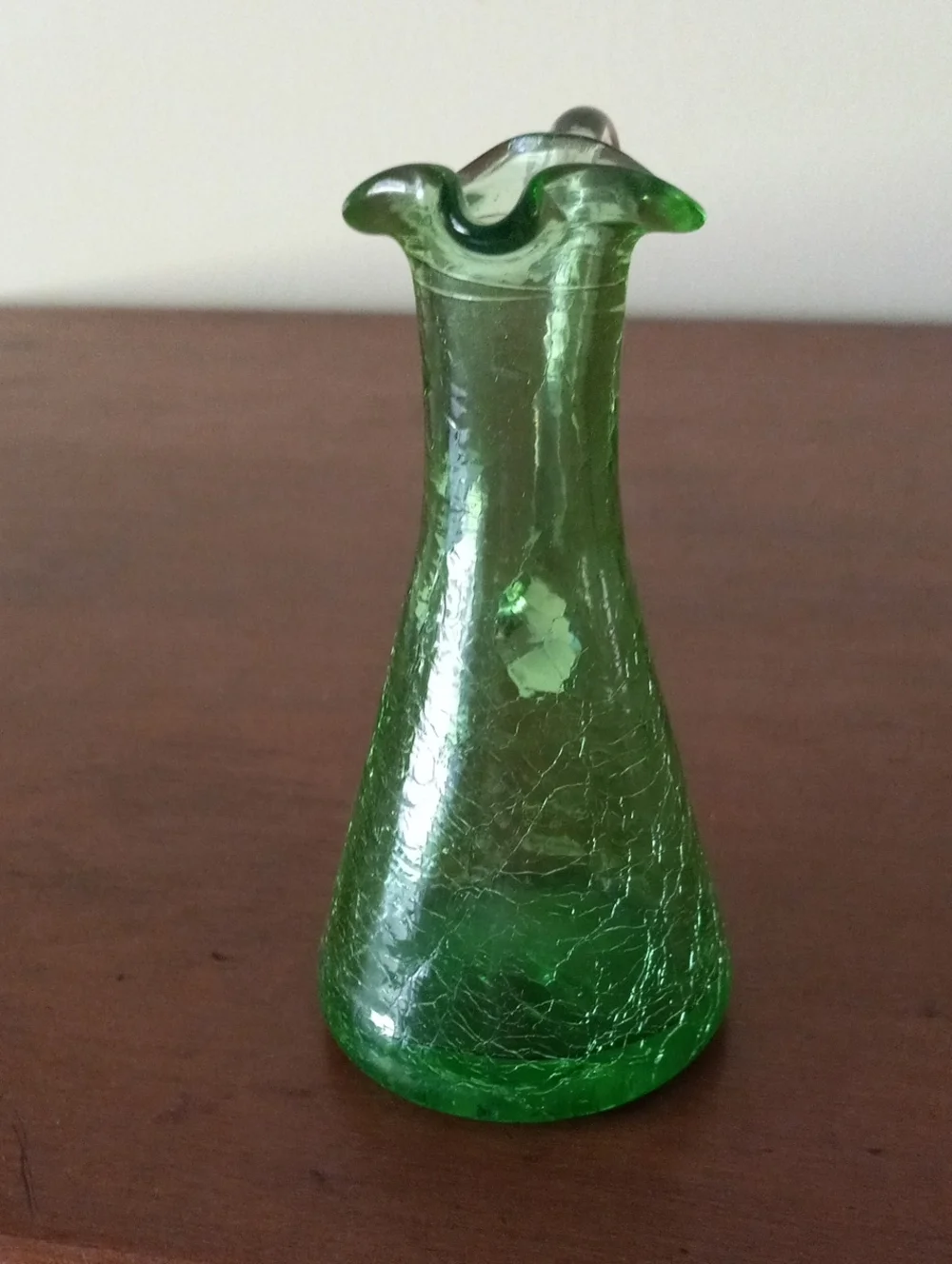 Green Crackle Art Glass Pitcher Vase with Clear Handle